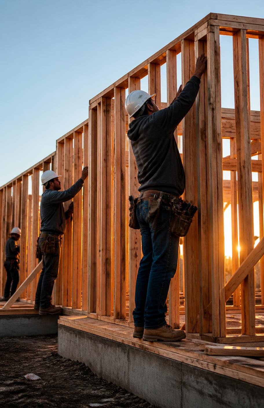 Construction crew framing a building at sunset