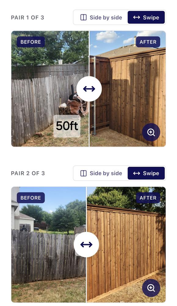 Before and after fence replacement pairs shown in the Vantage Proof app