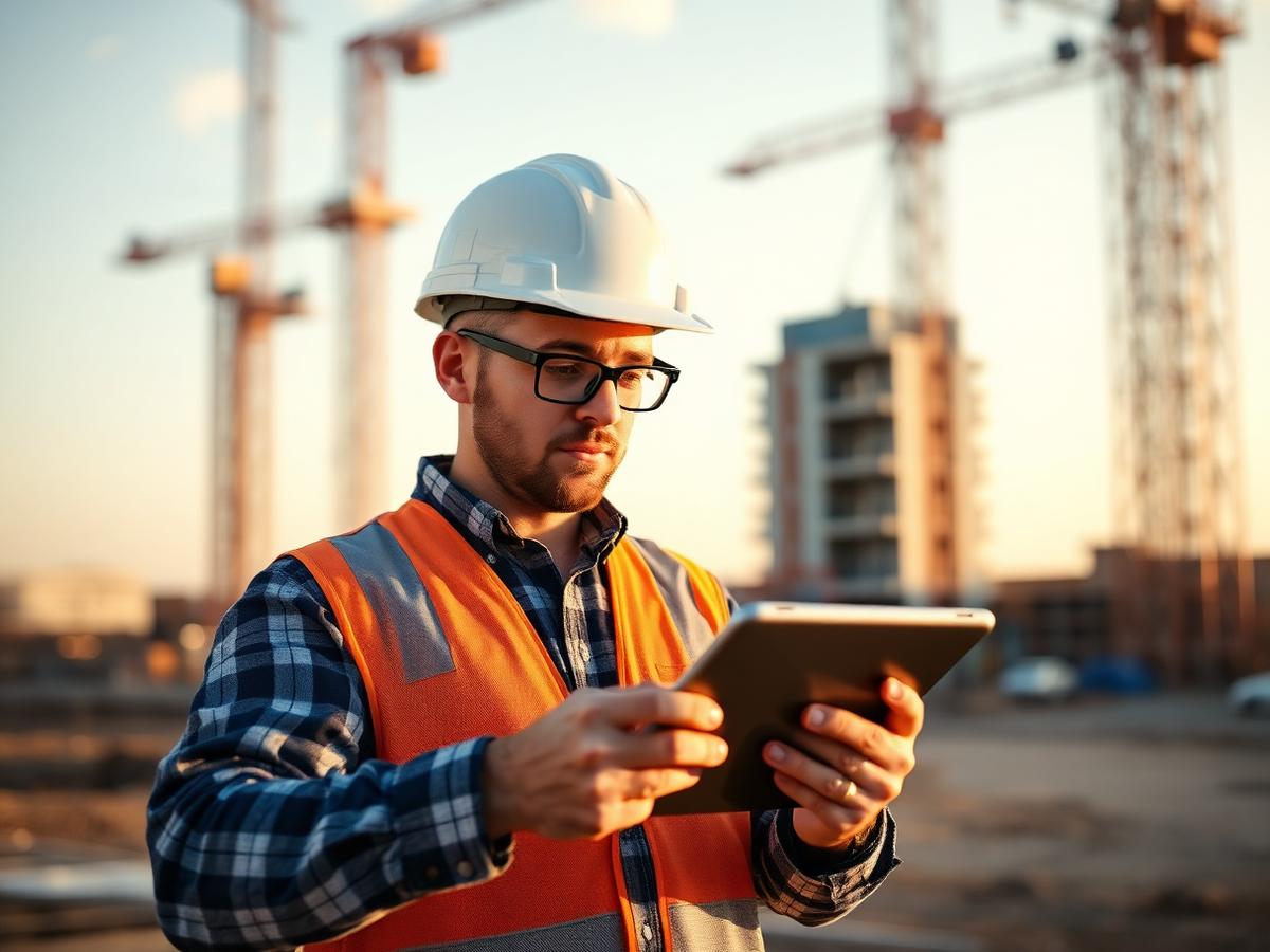 Contractor reviewing a bid on a tablet at a job site
